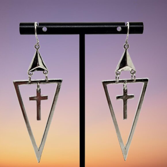 Silver Tone Dangle Cross Earrings - Picture 3 of 5